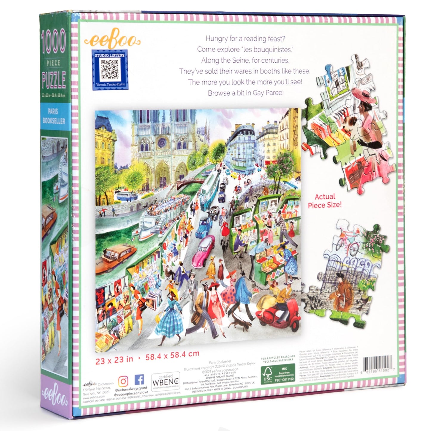 eeBoo Piece & Love: Paris Bookseller - 1000 Piece Puzzle - mature-themed Square Jigsaw  23x23  Includes Image Reference Insert  Glossy Pieces