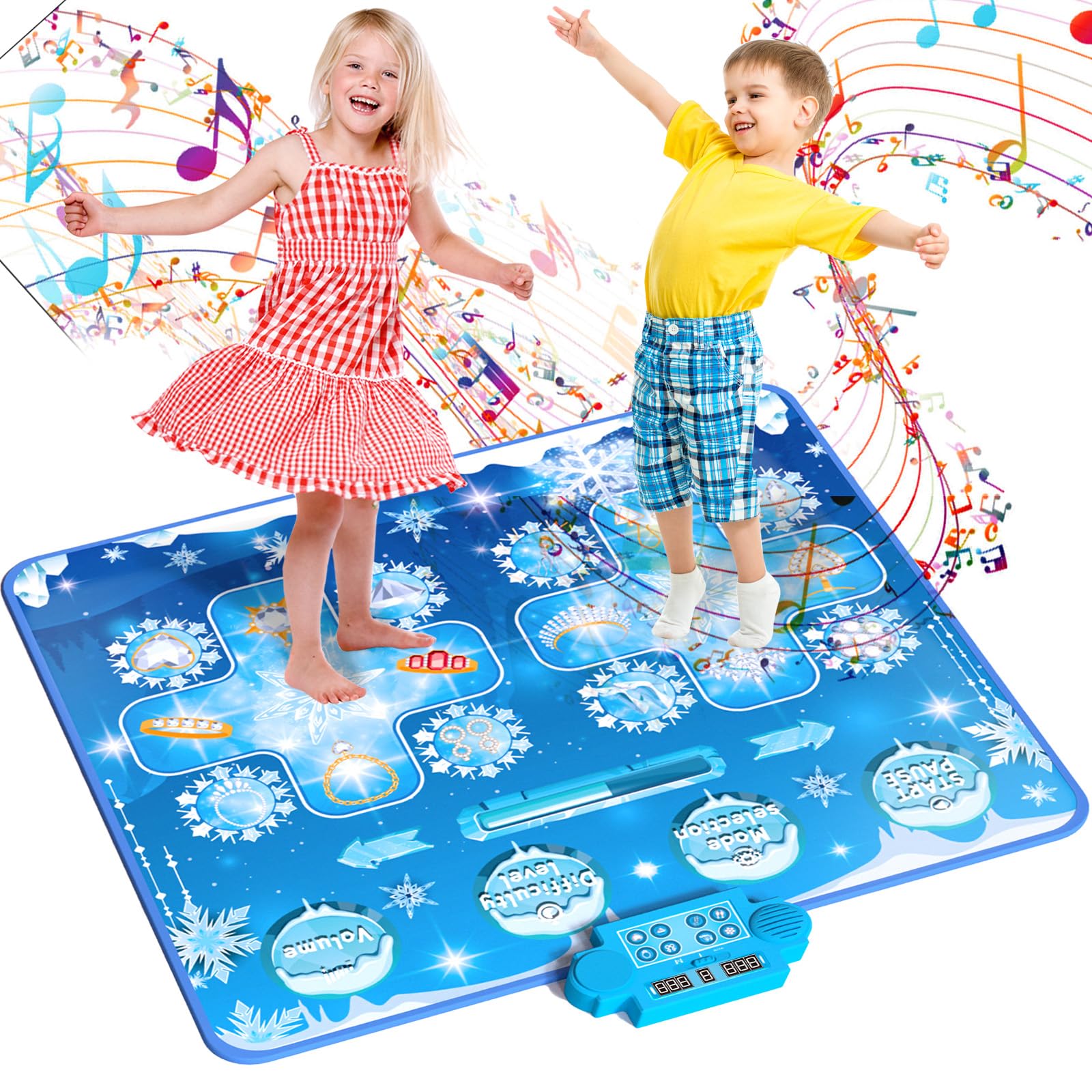 Joyvalley Kids Dance Mat Toys - 2-Player Dance Pad Gifts For Girls Boys Toddlers 3 4 5 6 7 8 9 + Year Old Electronic Dancing Mat Floor Games Toy With Music Light Christmas Birthday Gift (Frozen Blue)