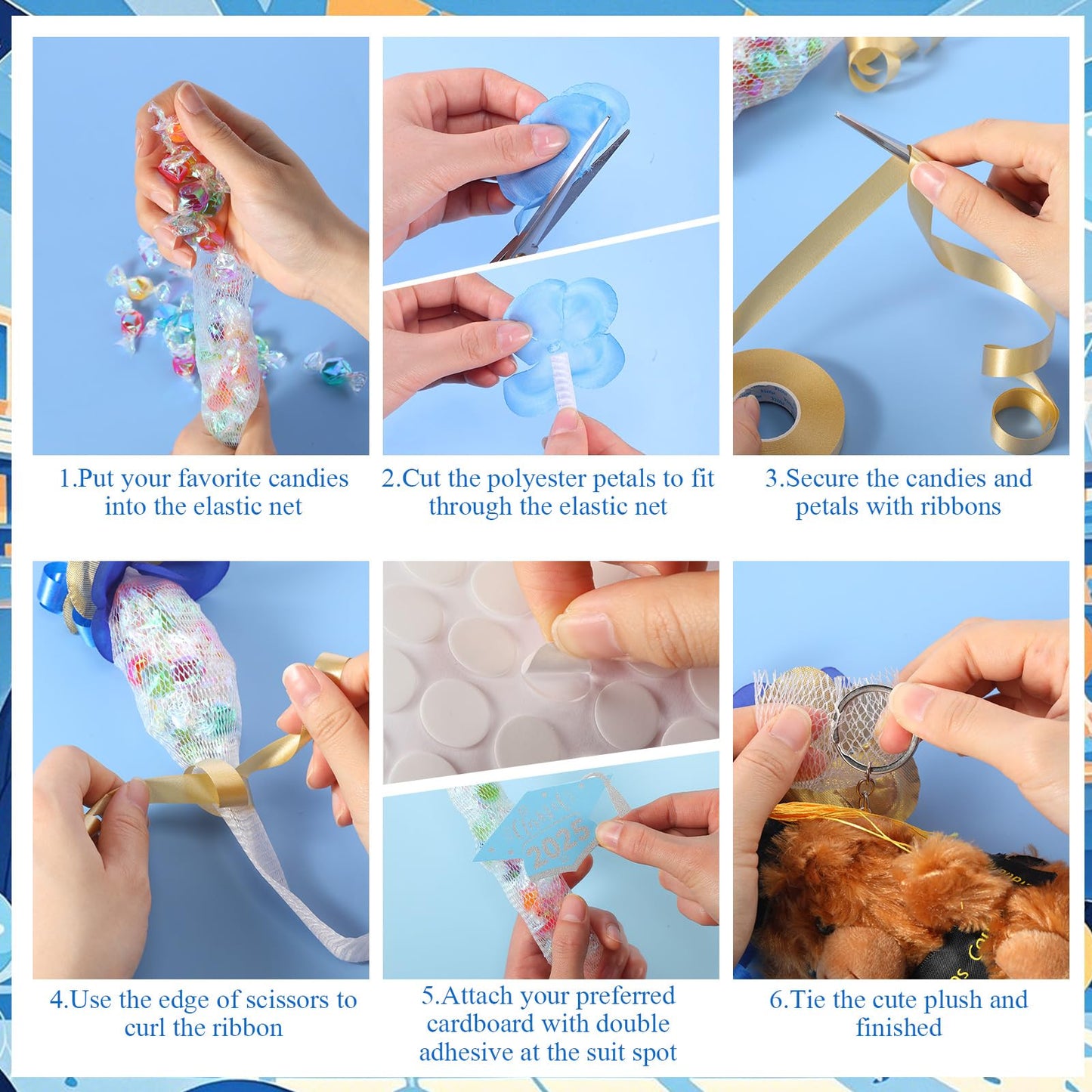 RoundFunny Graduation Candy Leis Making Kit - 82 Pcs Plush Bear, Light Blue & White, Model QIR-RoundFunny-2649