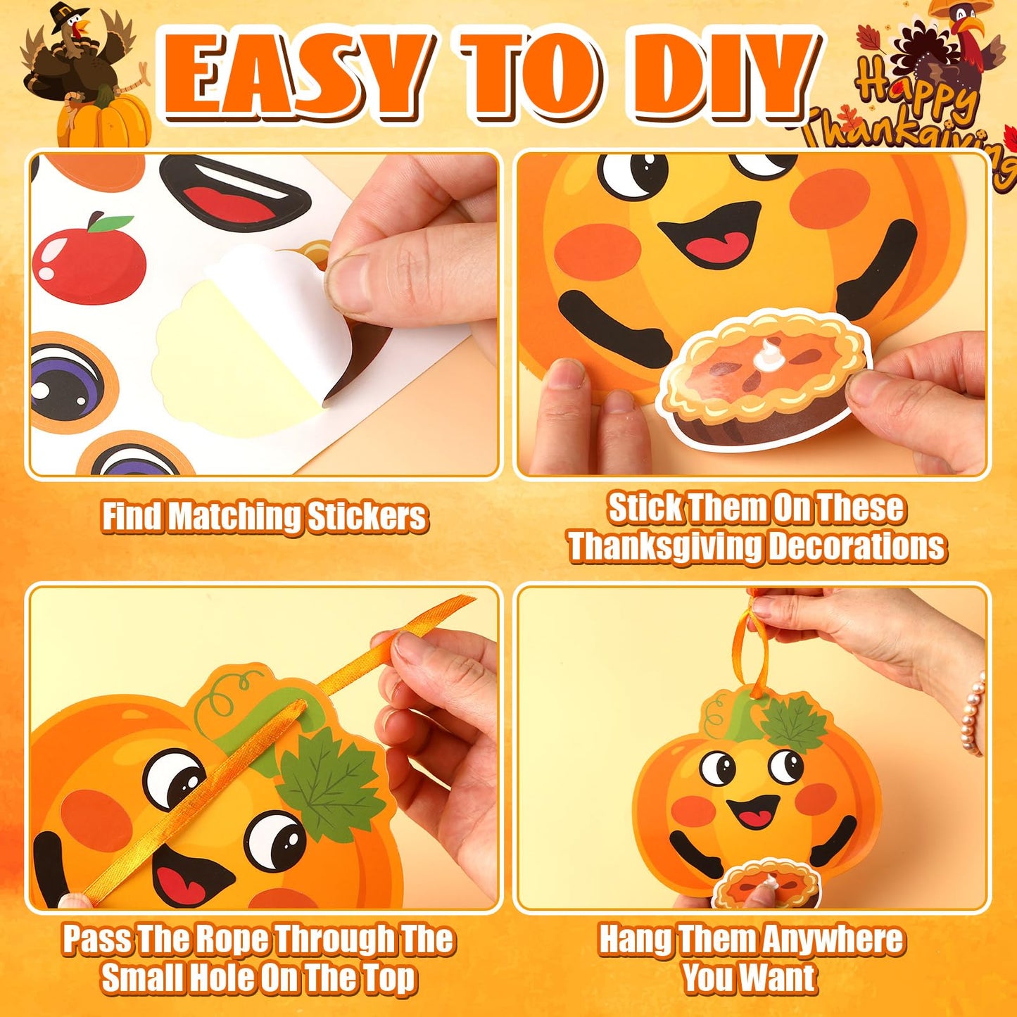 JUNEBRUSHS 32 Pcs Fall Crafts, Autumn Sticker Crafts Thanksgiving Turkey Scarecrow Sticker Fall DIY Hanging Ornaments Craft Harv