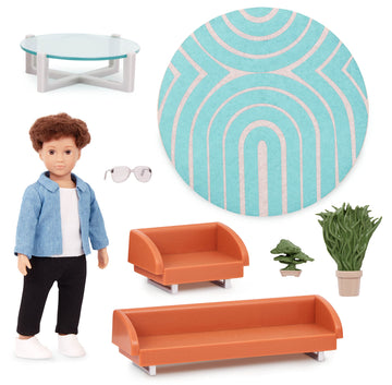 Lori – Mini Boy Doll & Toy Living Room Furniture – 6-Inch Boy Doll & Dollhouse Accessories – Sofa, Armchair, Coffee Table, Rug, Plants – Play Set For Kids – 3 Years + – Miguel'S Lounge Set