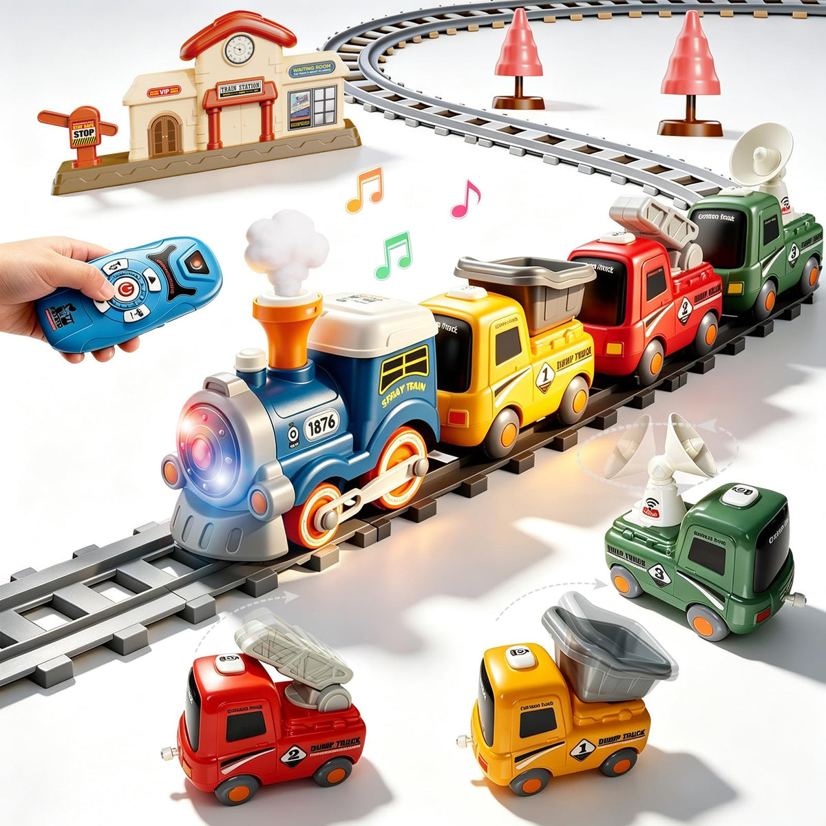 Remote Control Train Set for Kids w/Steam, Music & Lights Choo Choo Train for Toddlers, Electric Train Set with Tracks, Magnetic