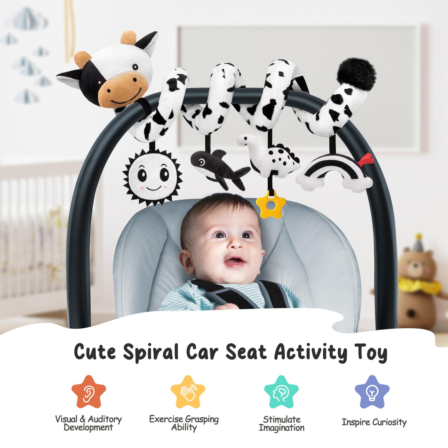 Spiral Car Seat Baby Toys 0-6 Months, Infant Carseat Sensory Toys Hanging Stroller Accessories, Newborn Gifts For Baby Boys Girl