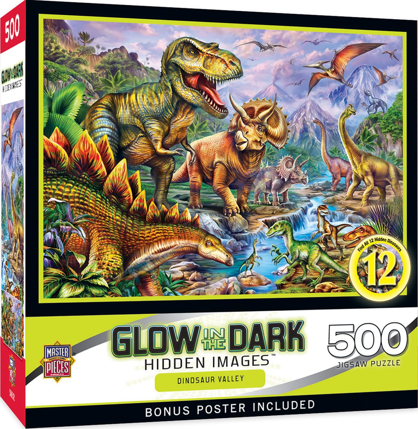 Masterpieces 500 Piece Glow In The Dark Jigsaw Puzzle For Adults, Family, Or Kids - Dinosaur Valley - 15''X21''