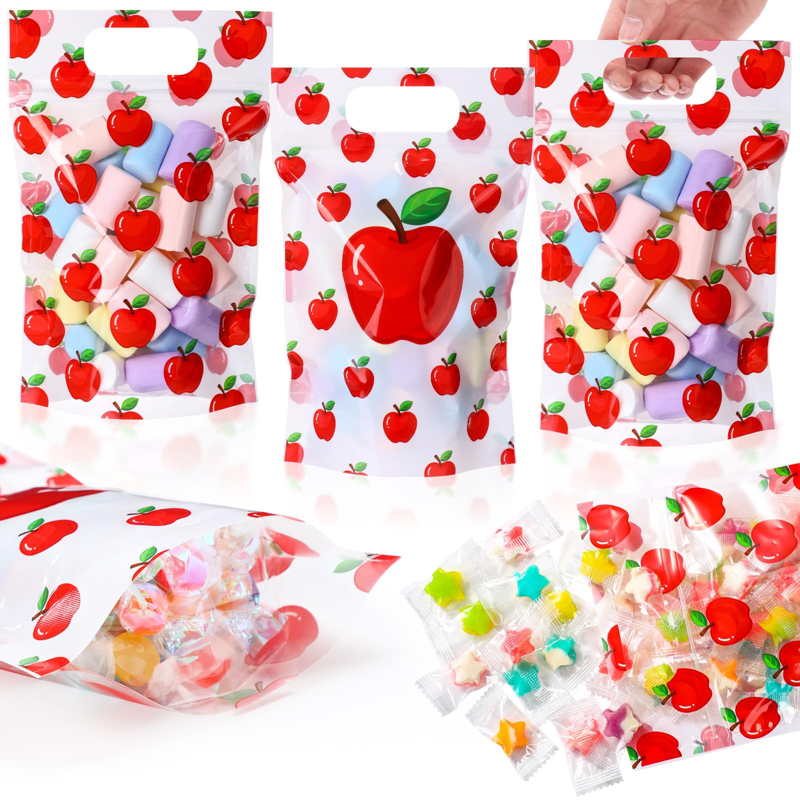 Fuutreo 50 Pcs Apple Gift Bags Plastic Teacher Appreciation Sealing Pouch with Handles Resealable Apple Print Favor Bag for Teac
