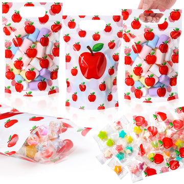 Fuutreo 50 Pcs Apple Gift Bags Plastic Teacher Appreciation Sealing Pouch with Handles Resealable Apple Print Favor Bag for Teac