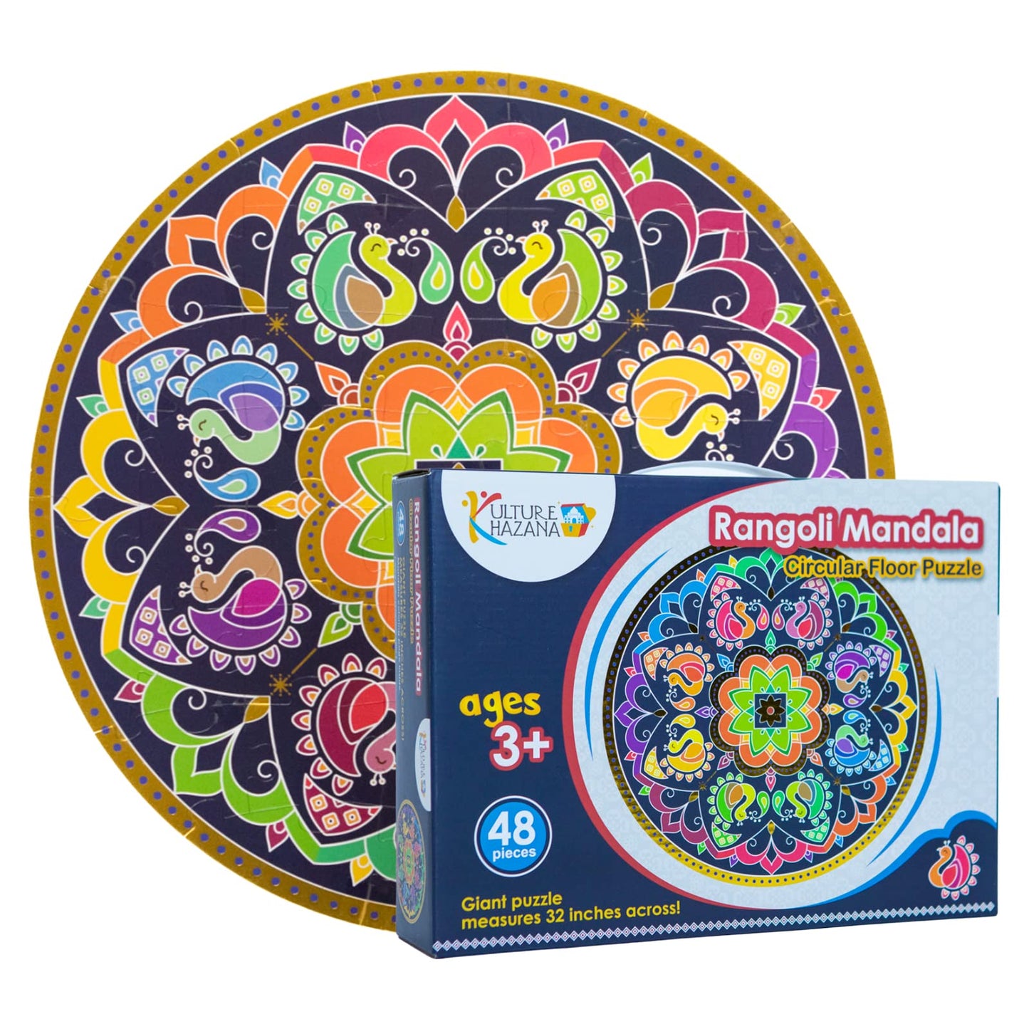 Kulture Khazana Rangoli Mandala Floor Puzzle - 48 Pieces, Cardboard, 32" Colorful Giant Puzzle for Holi & Diwali