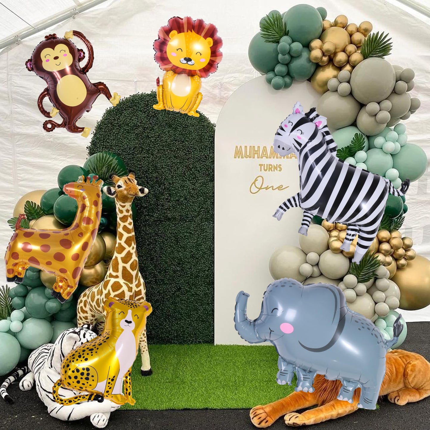6 Pcs Giant Smile Jungle Safari Animals Balloons,Large Monkey Elephant Zebra Leopard Lion Giraffe Foil Balloons For Wild One Saf