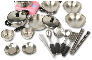 Miniature Toy 17-Piece Stainless Steel Pots And Pans Set , Magikon Pretend Play Kitchen Cooking Utensils Toy