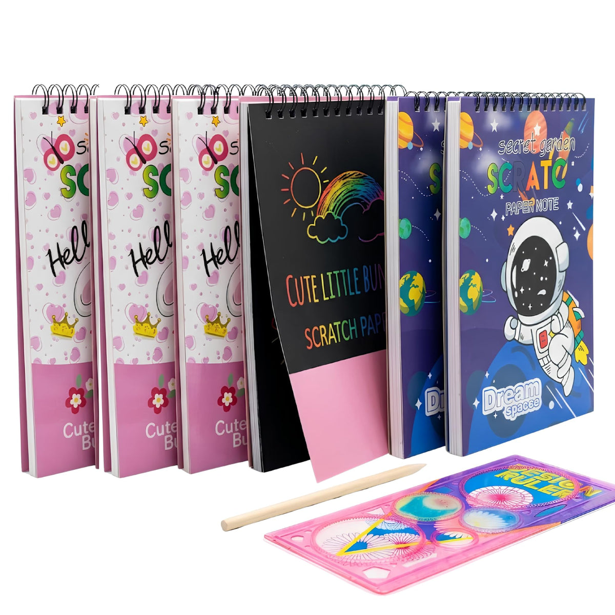 Crackles Scratch Book Kit for Kids (Large 6 Set) | Magic Scratch Art Notebook with Stylus & 6 Stencil Scale | Bulk Return Gifts 