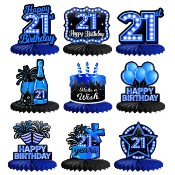 Happy 21st Birthday Honeycomb Centerpieces 9Pcs Stylish Sophisticated Blue Neon Theme Table Decor for Boys Girls Birthday Party 