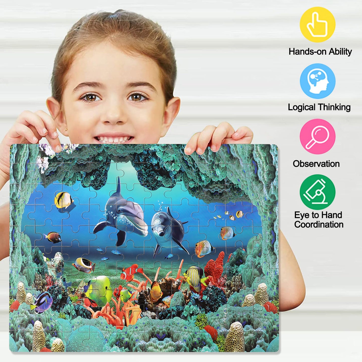 Lelemon 100 Pieces Puzzles For Kids Ages 4-8 Year Old Underwater World Theme Dolphins Fishes Jigsaw Puzzle For Children Learning