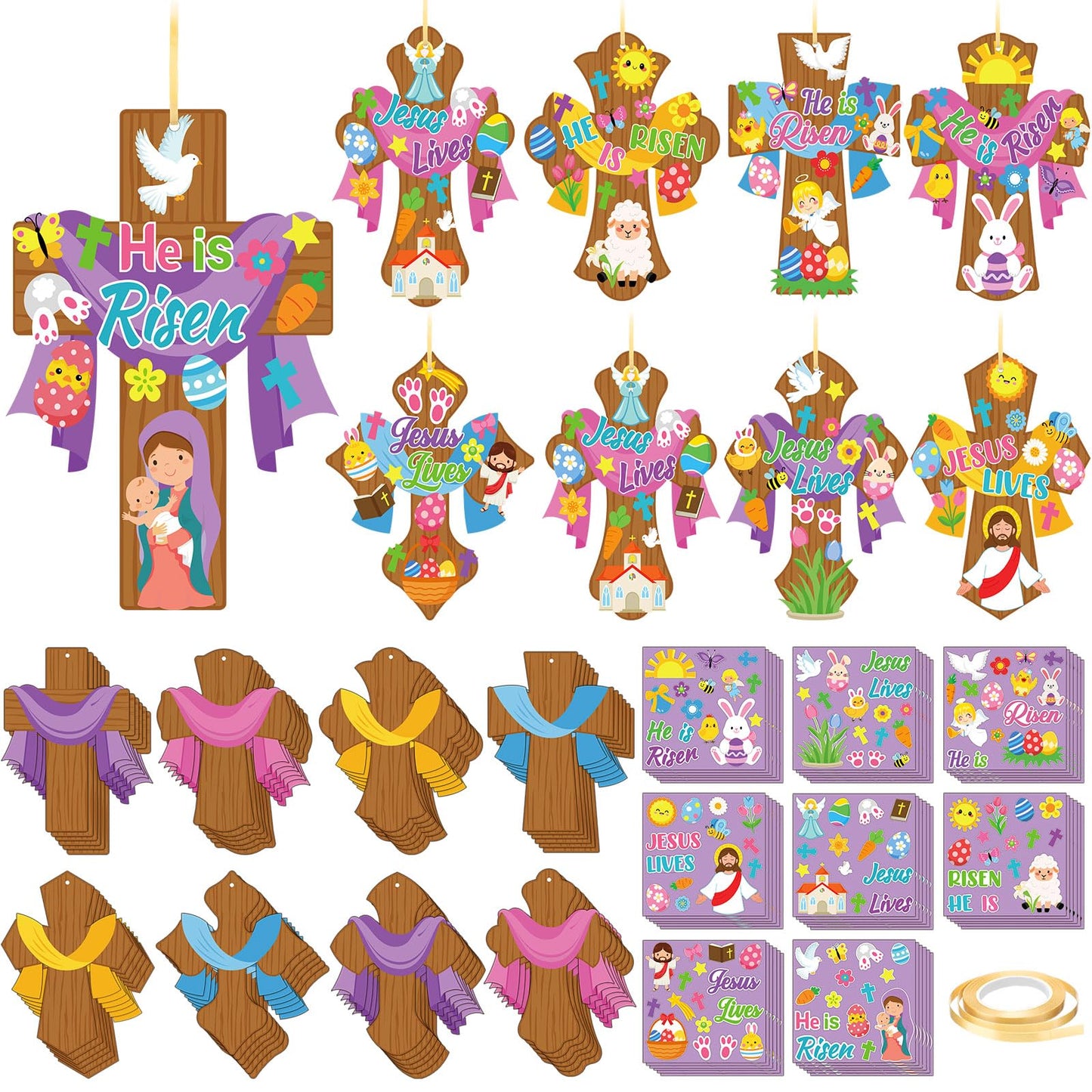 Watersay 48 Set Religious Easter Craft Kit DIY Christian Cross Crafts Sticker Make Your Own Jesus Ornament for Sunday School VBS