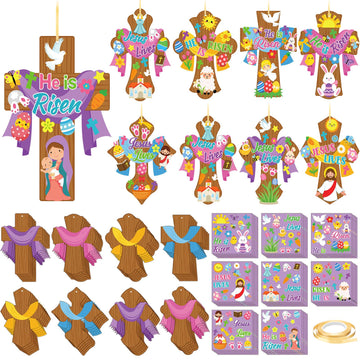 Watersay 48 Set Religious Easter Craft Kit DIY Christian Cross Crafts Sticker Make Your Own Jesus Ornament for Sunday School VBS