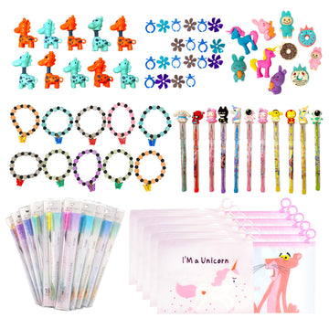 TOYZOLDER Return Gift Combo Pack of 10 (70 Pieces) | Colorful Pouch, Triangular Ruler, Push Pencil, Cute Eraser, Bracelet, Blow 