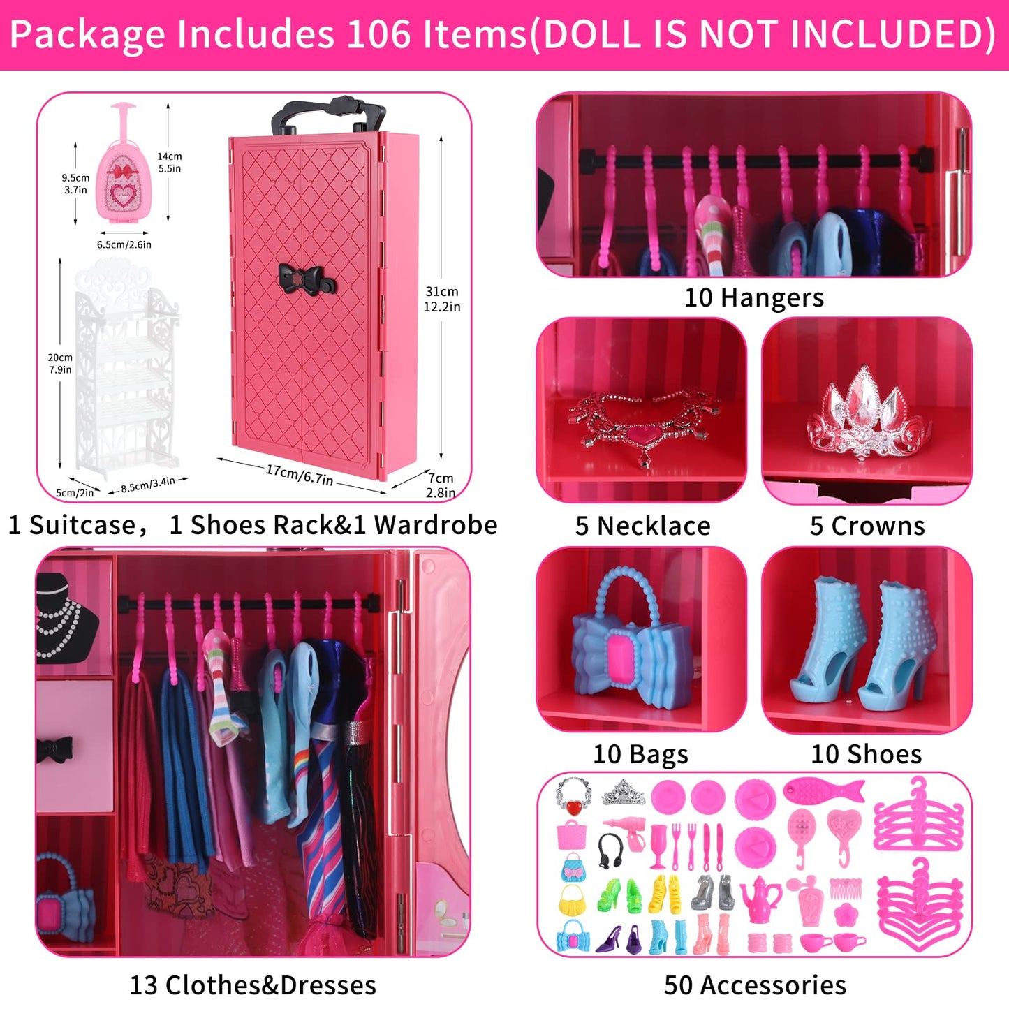 Vueos 106Pcs Doll Clothes And Accessories Closet Wardrobe Playset For 11.5 Inch Girl Dolls Including Wardrobe, Shoes Rack ,Suitc