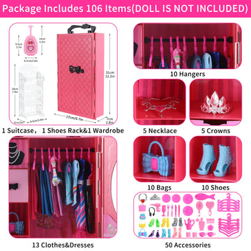 Vueos 106Pcs Doll Clothes And Accessories Closet Wardrobe Playset For 11.5 Inch Girl Dolls Including Wardrobe, Shoes Rack ,Suitc