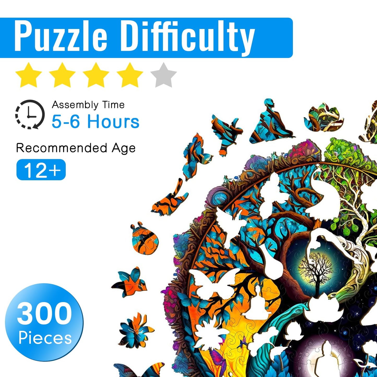 Aeekdook Wooden Puzzles for mature-themeds  Tree of Life Wooden Jigsaw Puzzles for mature-themeds  Wood Puzzles mature-themed  Unique Shape Wood Cut Puzzles  Birthday Gifts for Family Friend (L-13.3 * 13.3in-300 pcs)