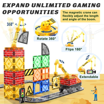 Kids Games Magnetic Tiles Road Set With Extendable Magnetic Crane, City Construction Building Toys For Toddlers Stem Preschool Toys Ages 4-6 5-7, Gifts For 3+ Year Old Boys Girls Kids Toys With Car
