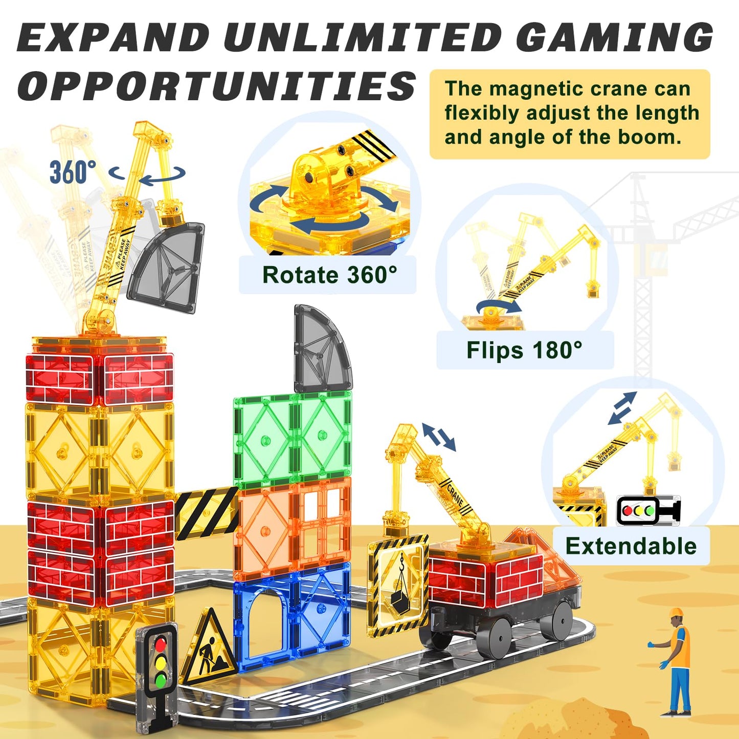 Kids Games Magnetic Tiles Road Set With Extendable Magnetic Crane, City Construction Building Toys For Toddlers Stem Preschool Toys Ages 4-6 5-7, Gifts For 3+ Year Old Boys Girls Kids Toys With Car