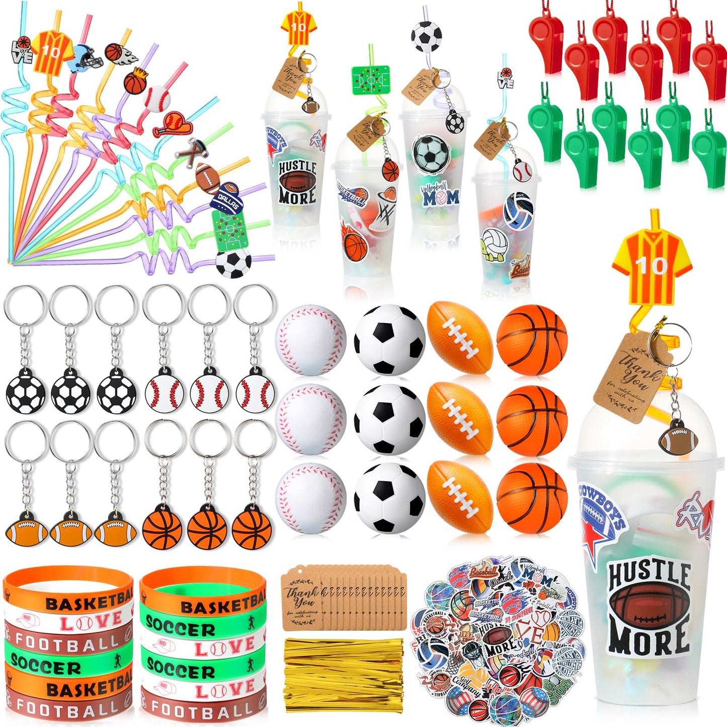 Weysat 184 Pcs Sport Party Favors, Sport Party Goodie Bag Fillers Cup Straw Sports Stress Ball Keychain Sticker Wristband Whistl