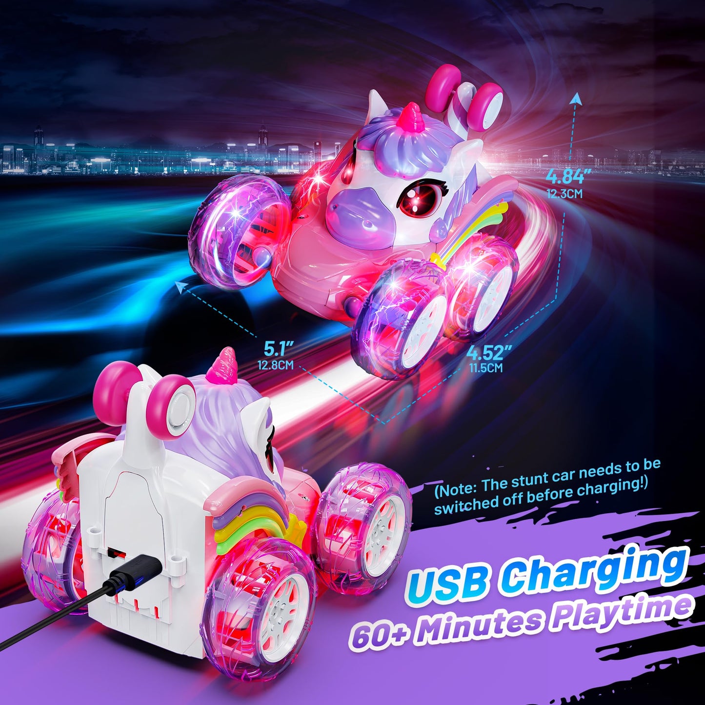 Carsky Unicorn Remote Control Car For Girls,360Stunt Rc Cars Rotation 4Wd Remote Cars With Led Lights,Fun Indoor Outdoor Toys Fo