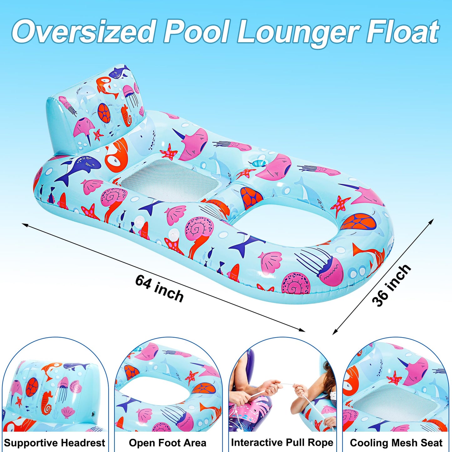 PuppyuWill 4 Pack Pool Floats mature-themed Inflatable Pool Lounger Float Heavy Duty with Cup Holder  Backrest & Footrest Pool Lounge Float Extra Large Pool Rafts for mature-themeds Beach Lake Party