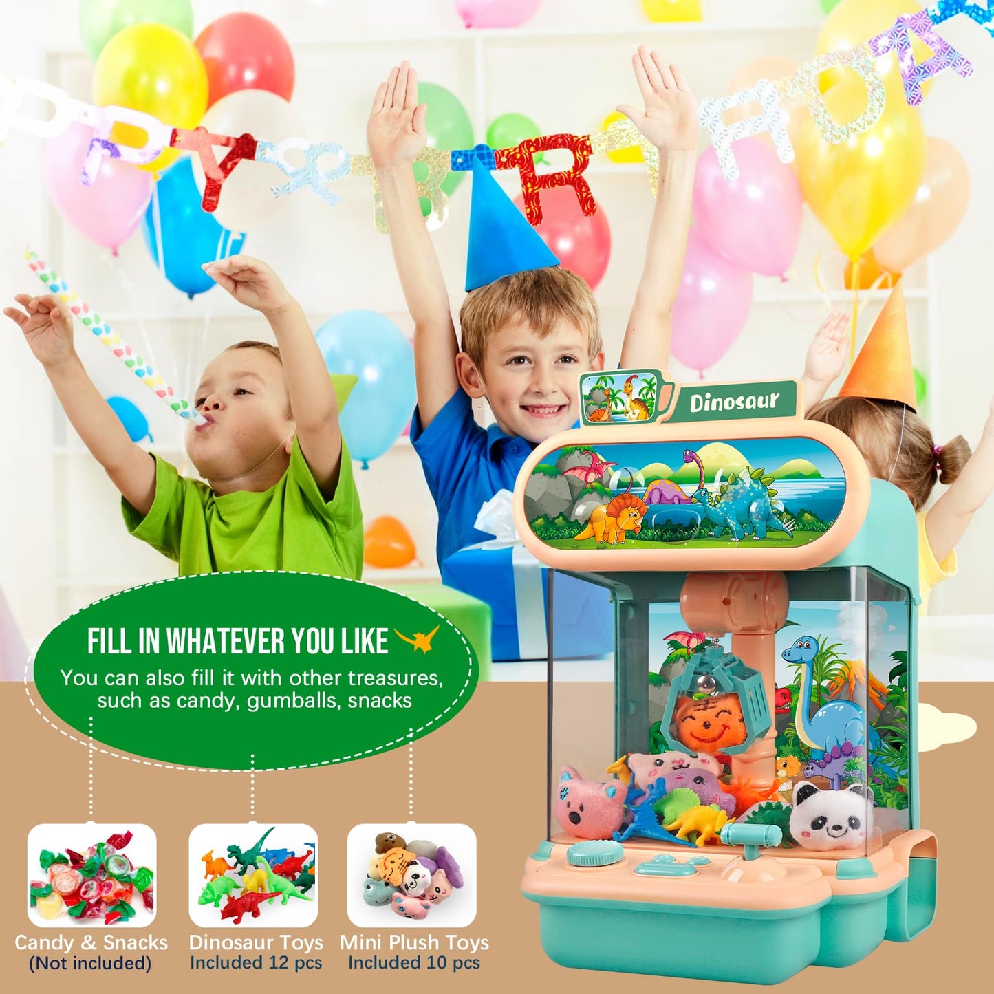 Claw Machine For Kids,Mini Dinosaur Vending Machines Candy Grabber Prize Dispenser Pink Toys For Boy Girl,Electronic Arcade Game With 10 Mini Plush Toys And 12 Dinosaur Toys For Easter Birthday Gifts