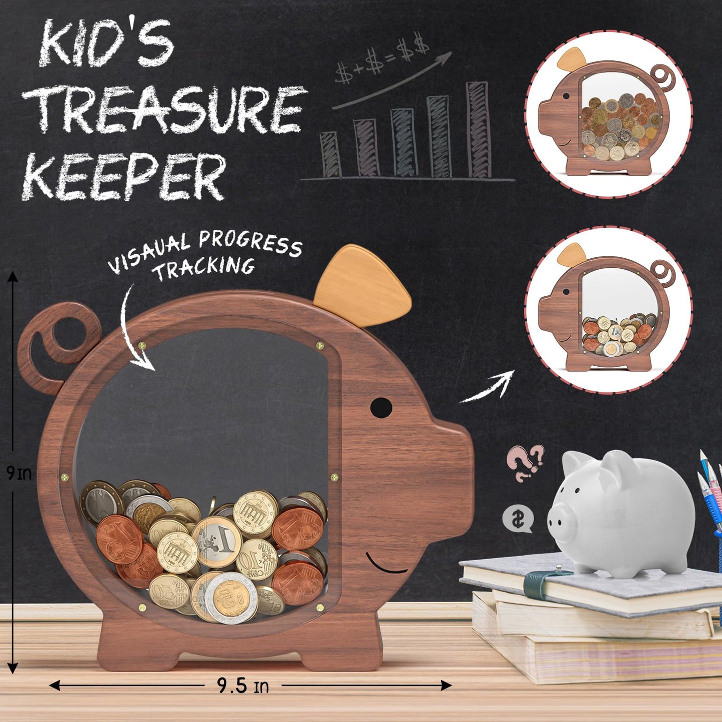 Summidate Wooden Piggy Bank For Boys, Large Unbreakable Money Bank For Kids Adults, Bills Coin Change Money Saving Money Jar Personalized Present For Birthday Christmas& Decor