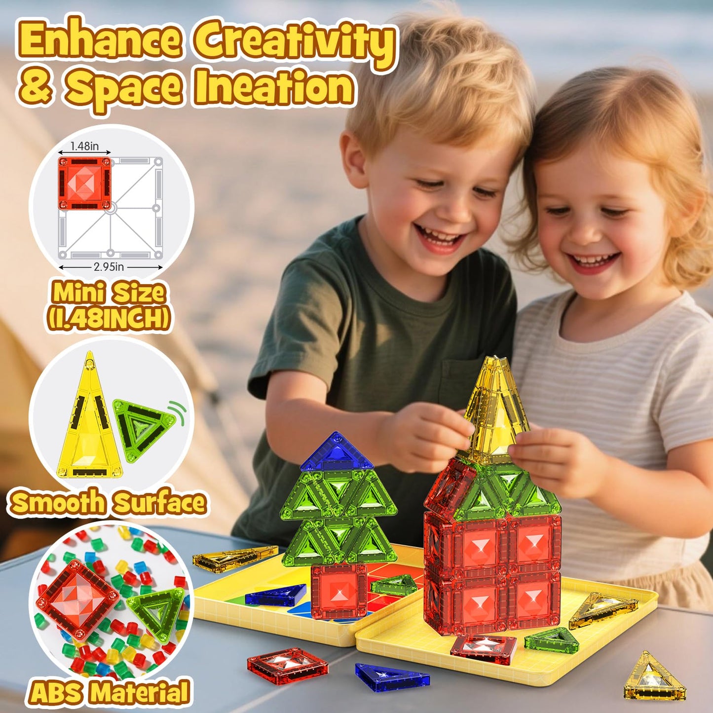 Mini Magnetic Tiles Travel Set - 40PCS Diamond Texture Magnetic Building Blocks for Kids  10% Thicker & Portable Yellow Metal Storage Box  Montessori STEM Educational Toys Gift for Ages 3+