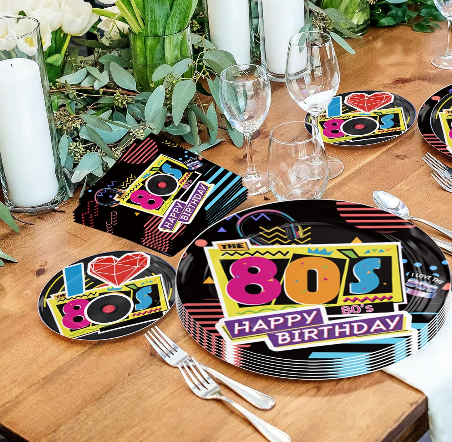 PGSWEER 60pcs Back to 80s Party Plates I Love 80s Disco Rock Party Plates Napkins Retor 80s Themed Birthday Paper Plates Suppli