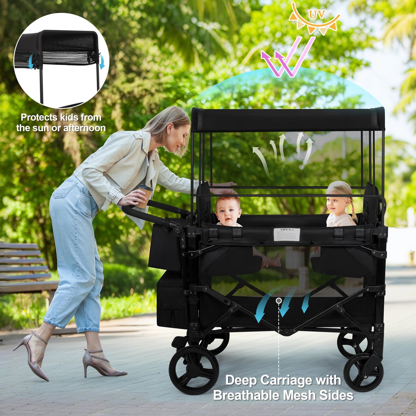 Wagon Stroller for 2 Kids, High Seat & 5 Point Harness, Foldable All-Terrain Wagon for Toddler with Canopy, Parent Organizer, Sh