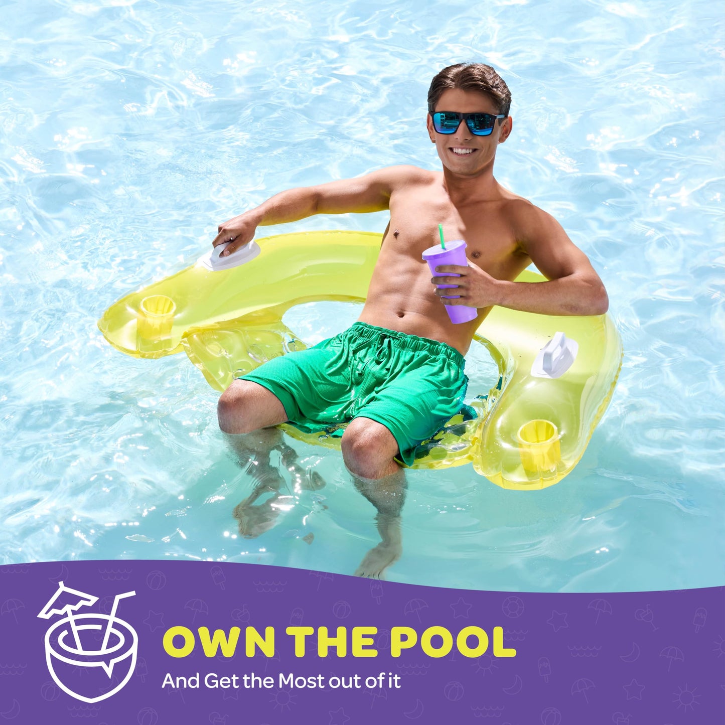 Pool Floats mature-themed [Set of 4] Inflatable Chair Floats with Cup Holders & Handles - Happy Colorful Pool Floaties - Pool Float Comes in 2 Fun Colors  Blue & Yellow  A Relaxing Floats for Swimming Pool.