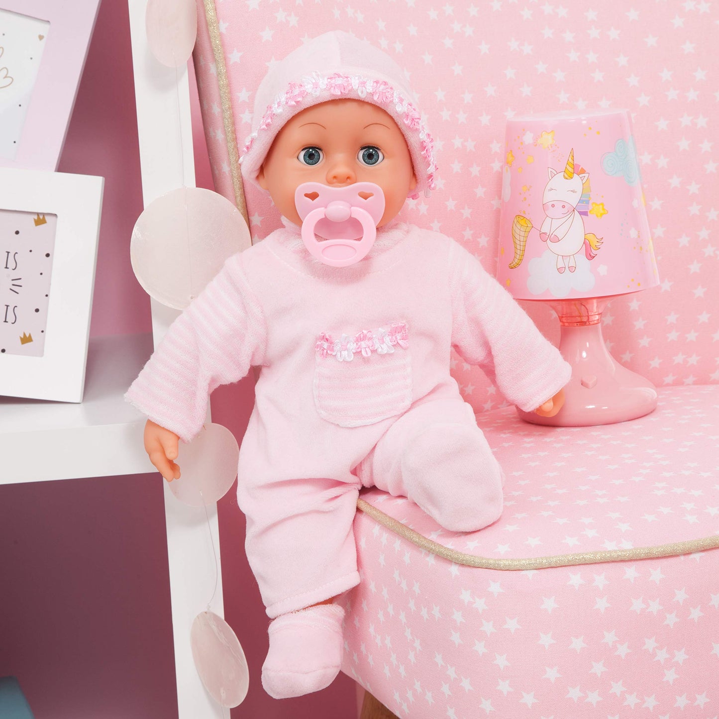 Bayer: First Words Baby Doll with Sounds and Accessories, 15 Inch Soft-Body, Realistic Baby Sounds, Includes Pacifier and Bottle
