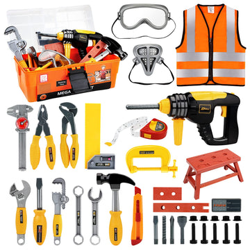 Deejoy Tool Set with Tool Box & Electronic Toy Drill, Pretend Play Kids Construction Kits for Kids Ages 3-5 Years Old, Toddler B