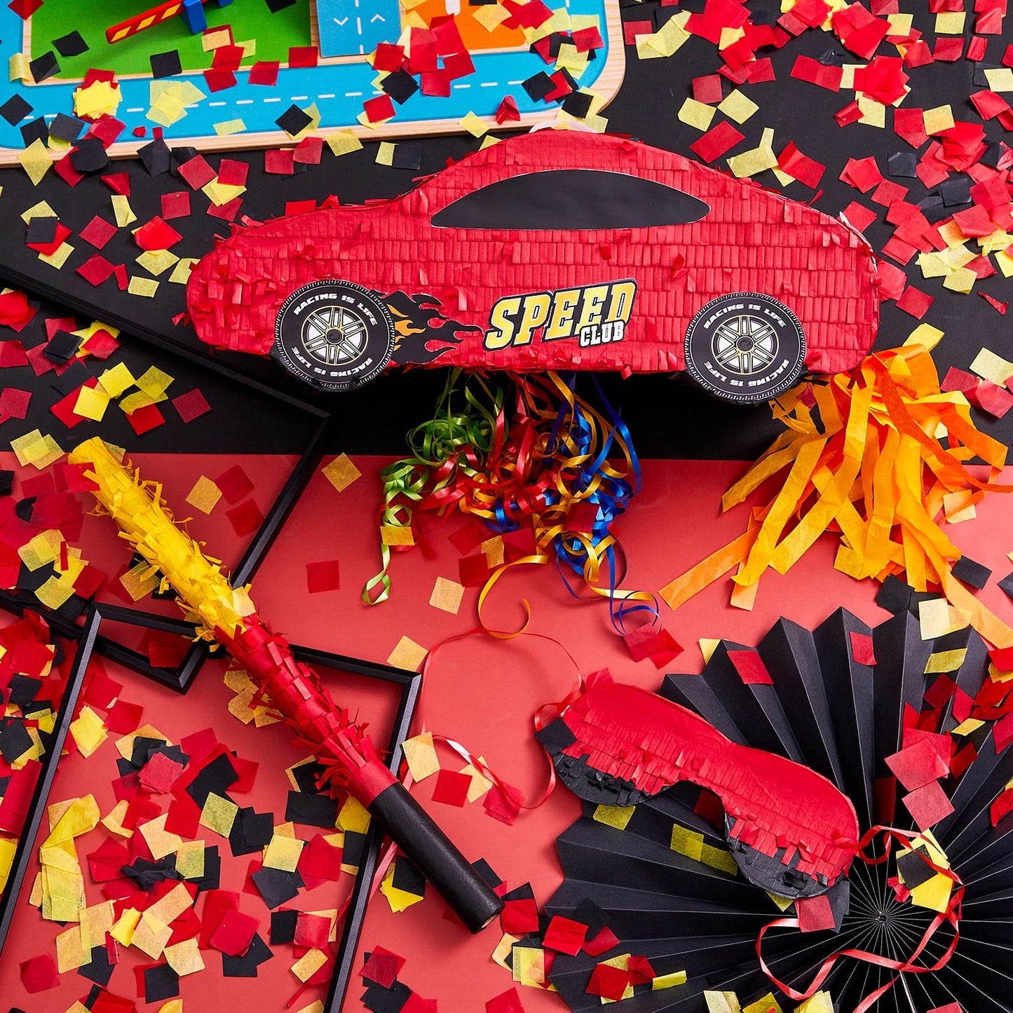 4 Pcs 15.7 Inch Race Car Piñata With Pull Strings, 3D Car Piñata With Blindfold Bat Confetti Double Sided, Race Cars Photo Booth Props For Boy Race Car Theme Birthday Baby Shower Party Supplies