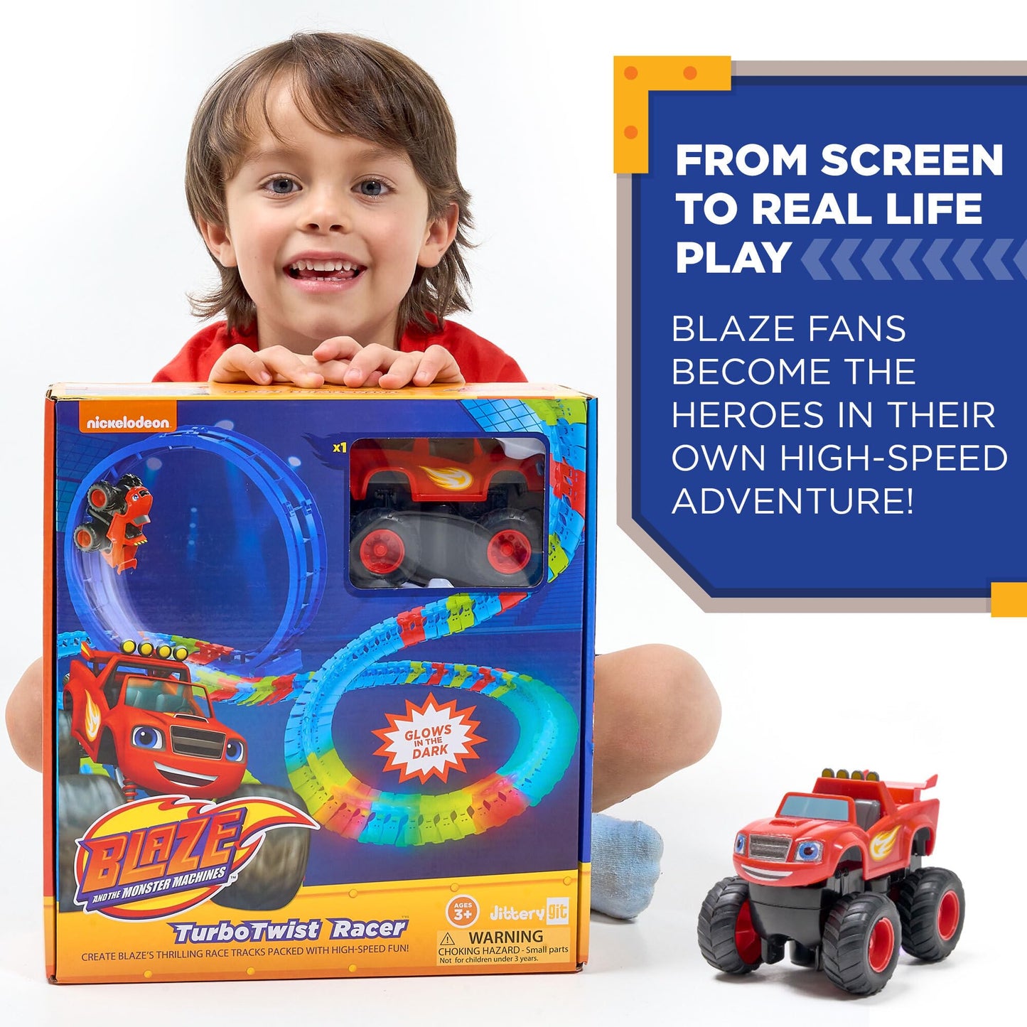 JITTERYGIT Blaze and The Monster Machine Race Track Set - 117-Piece STEM Playset, Glow Tracks, Red, for Kids Ages 3-8
