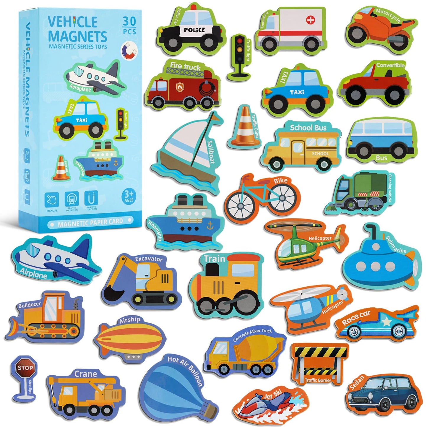 Fridge Magnetic Transports For Toddlers 30Pcs Vehicles Magnets For Kids Ages 3+ Cute Refrigerator Magnets For Fridge Flash Cards