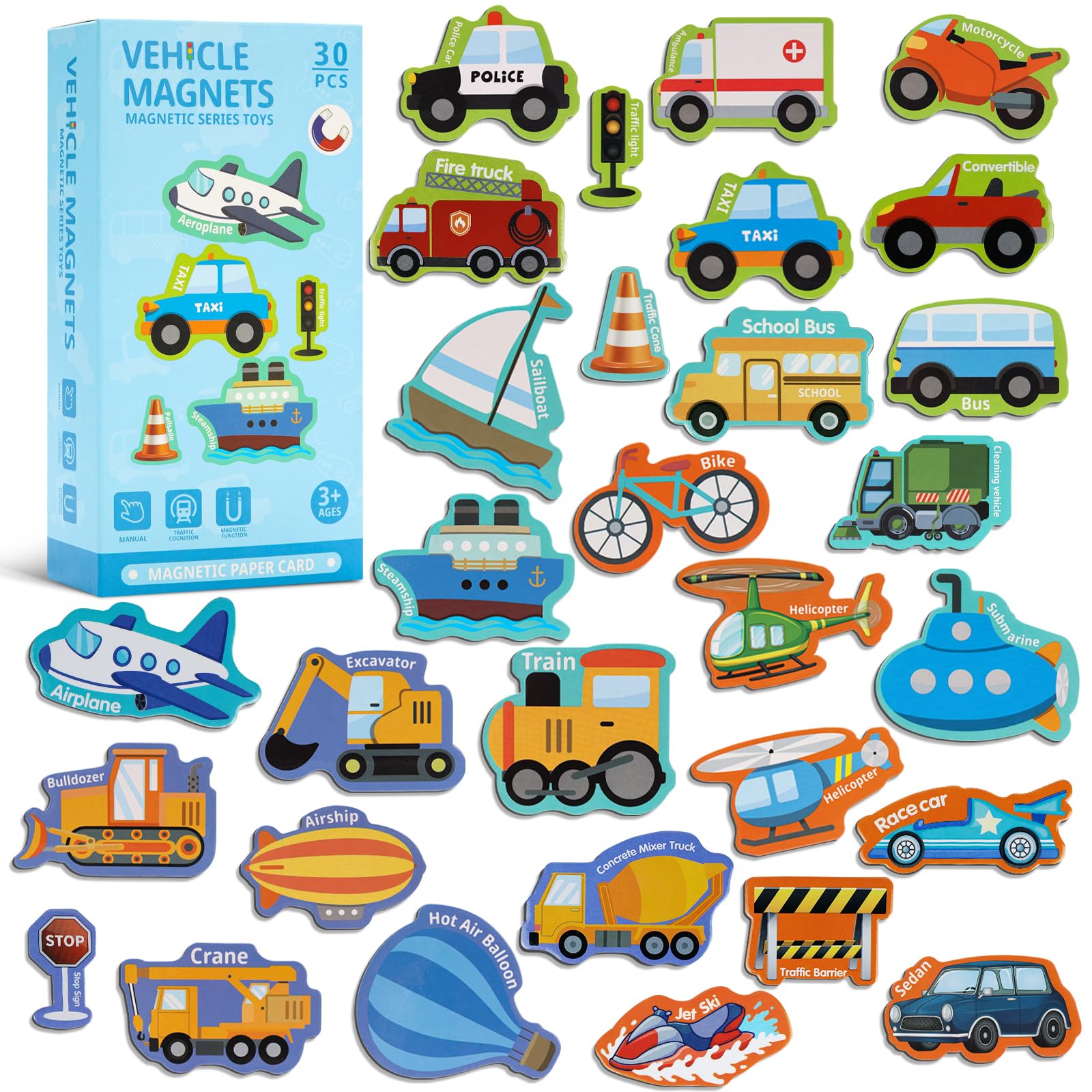 Fridge Magnetic Transports For Toddlers 30Pcs Vehicles Magnets For Kids Ages 3+ Cute Refrigerator Magnets For Fridge Flash Cards