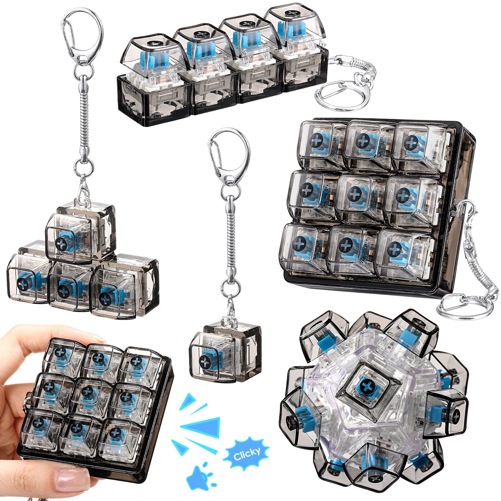 Halloscume 5 Pcs Keyboard mature-themed Fidget Toy Clicker Toy in 5 Styles Keyboard Fidget Keychain Cube Mechanical Key Button Clicker Stress Relief Gift for Office Home Pass Time(Black Transparent)