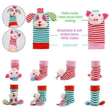 Bloobloomax Baby Infant Rattle Socks Toys, Sock Rattles For Babies 0-24 Months Baby Animal Foot Finder Learning Toy (Cotton D)