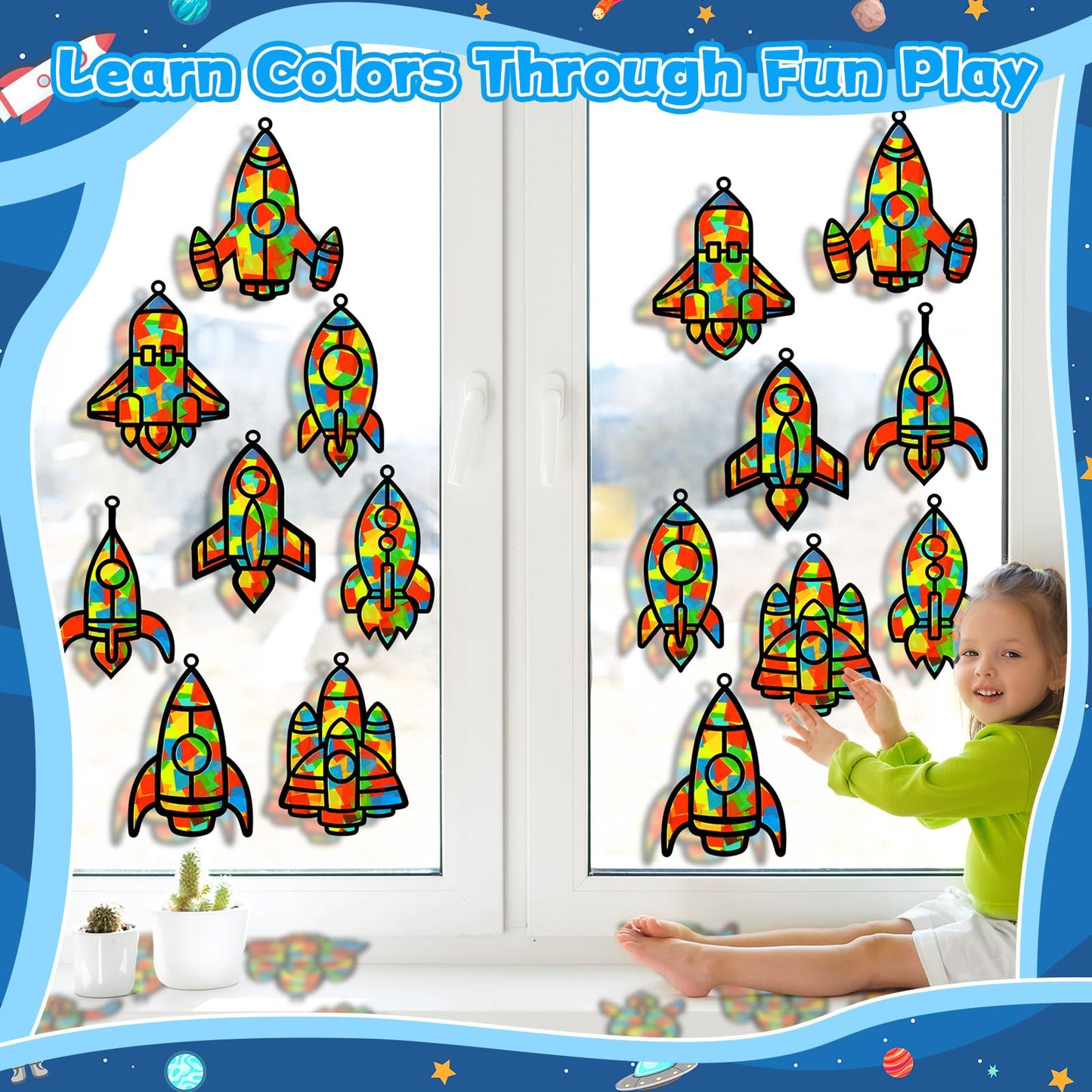 QOUBAI 32 Sets Outer Space Rocket Suncatchers Craft Kit, Colorful Paper Crafts for Home Decor, Classroom, Kids' Birthday Gifts, QB1080