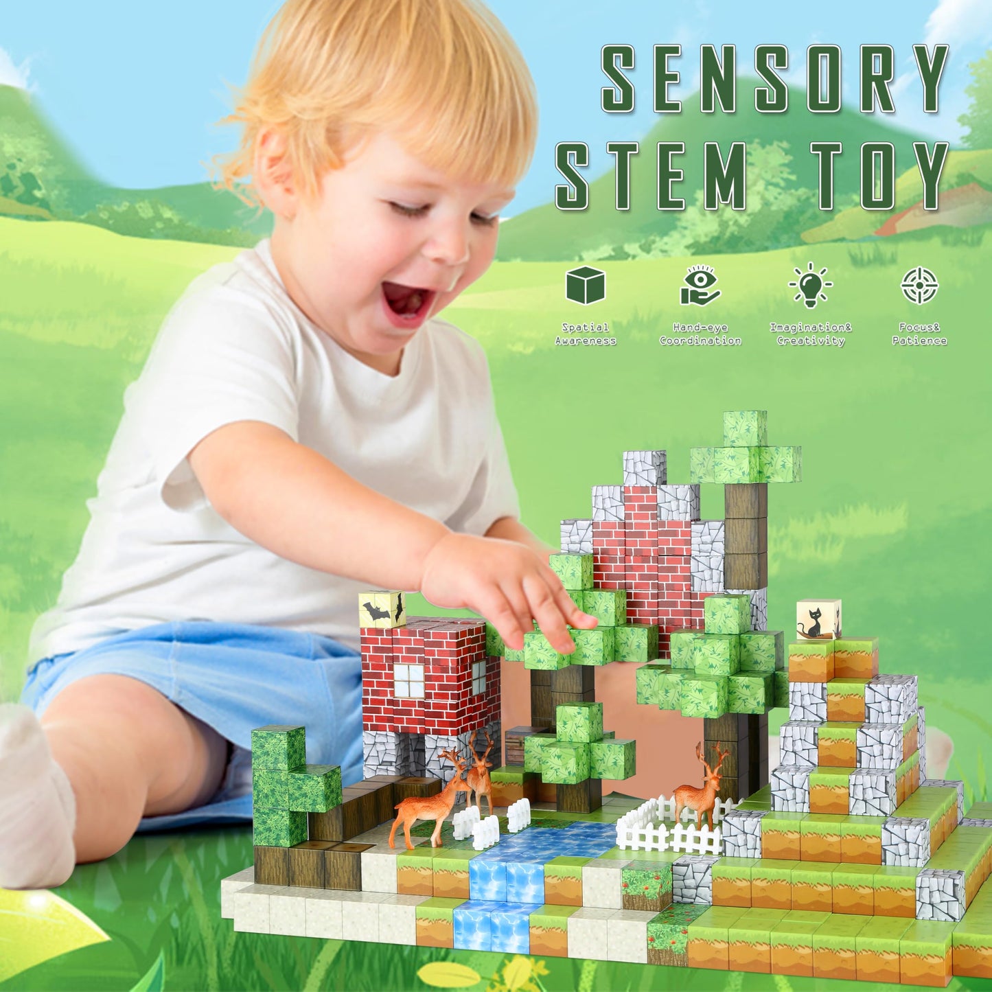 QCCX Magnetic Blocks 100PCS - STEM Building Toys for Kids Ages 3+, Sensory Montessori Educational Construction Cubes - Christmas
