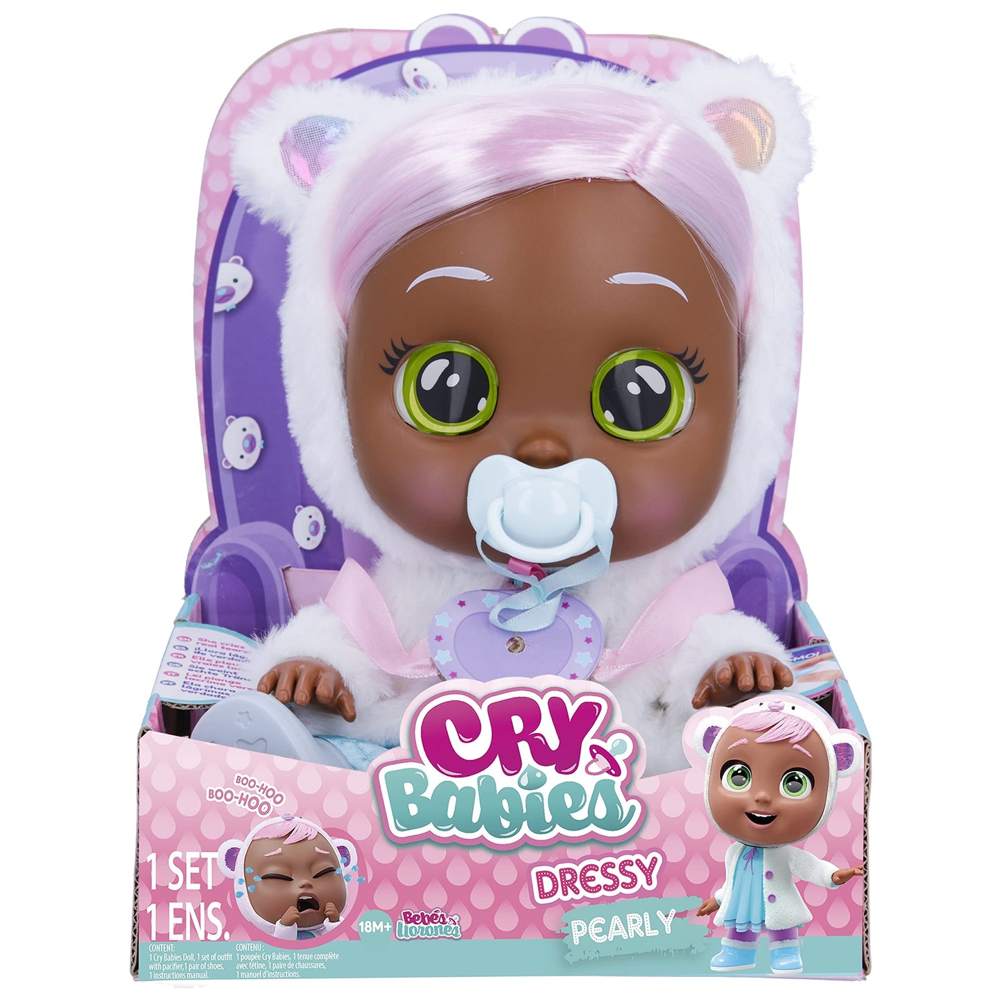 Cry Babies Dressy Pearly - 12' Baby Doll | Blue Dress, White Fluffy Jacket With Animal Ears, For Girls And Kids 18M And Up