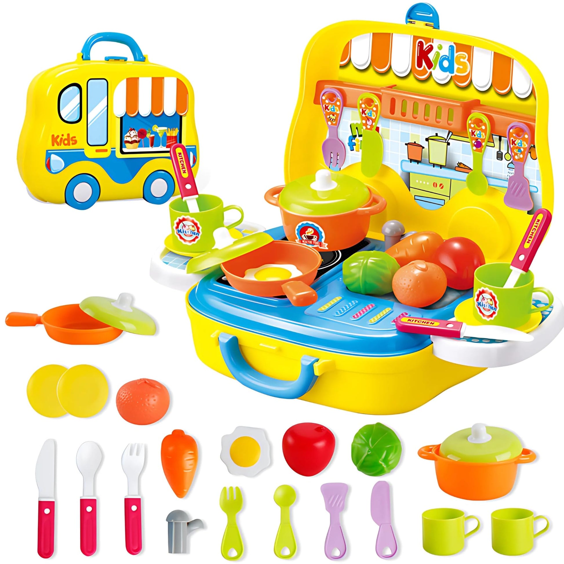 OLEOCA Toddler Kitchen Playset - 25 Piece Portable Pretend Kitchen Set with Toy Food, Utensils, Pots & Cups, Easy Storage Cookin