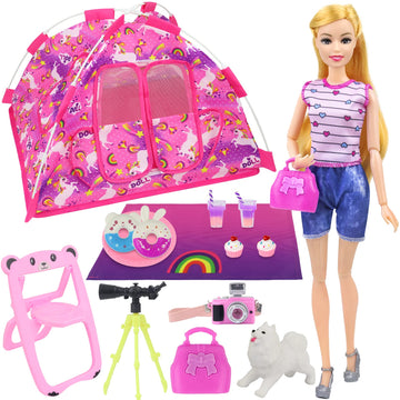 Ecore Fun 15 Pcs Doll Camping and Accessories Set for 11.5 Inch Girl Doll Includes Doll Tent  Clothes  Chair  Camera  Drink  Cupcake  Donut  Telescope  Toy Dog  Bag