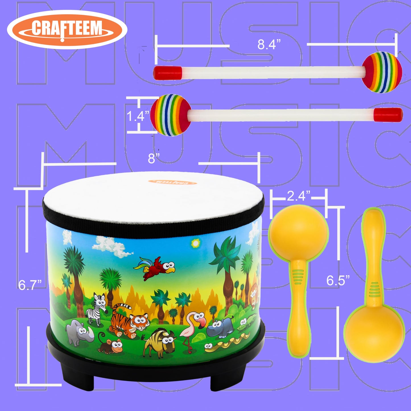 Crafteem Floor Tom Drum For Kids 8-Inch Percussion Instrument Music Drum With 2 Mallets And Color Maracas For Baby Children Spec