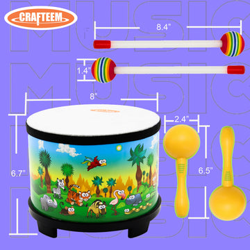 Crafteem Floor Tom Drum For Kids 8-Inch Percussion Instrument Music Drum With 2 Mallets And Color Maracas For Baby Children Spec
