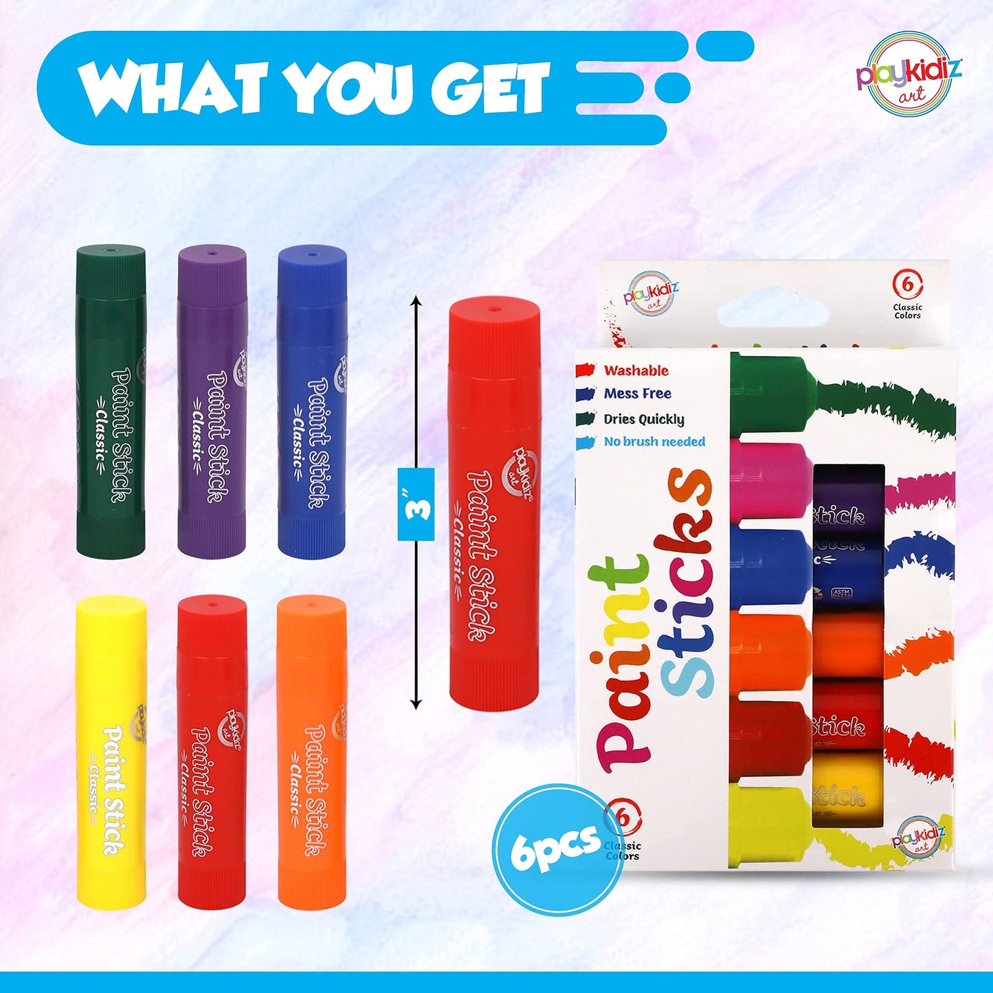 Playkidiz Paint Sticks, 6 Pack, Classic Colors, Twistable Crayon Paint Sticks, Mess-Free Tempera Paint, Quick Drying, Great Birt