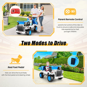 Hikole Kids Ride On Dump Truck With Remote Control, 4Wd Dump Truck With 12V 7Ah Battery, Electric Dump Bed,Shovel, Bluetooth, Music Player, Electric Cars For Girls, White & Blue